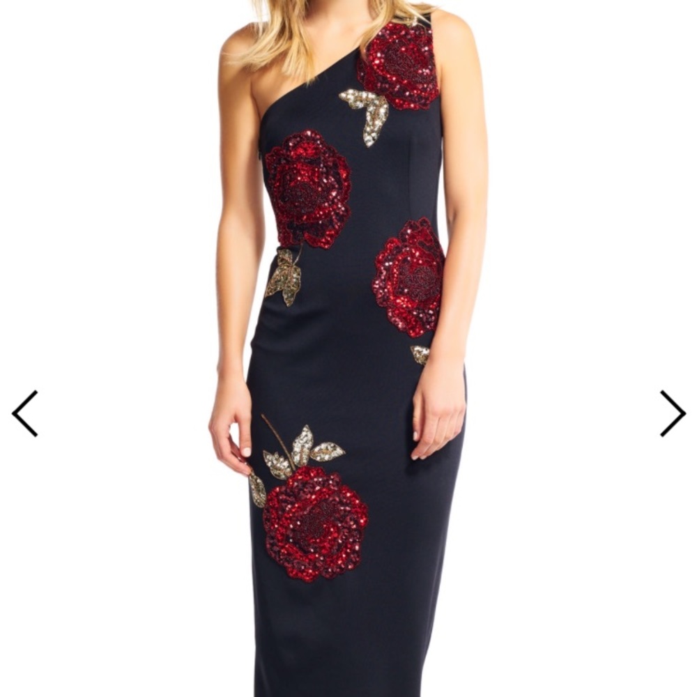 Black one shoulder dress with beaded rose accents
